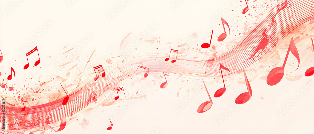 Poster a vector illustration of a music notes banner, featuring a fresh red color palette. the notes are st