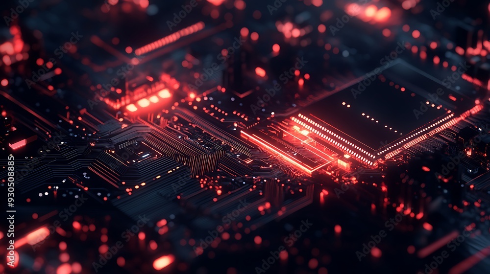 Poster glowing red circuit board with a central processor