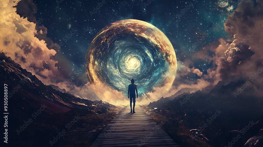 Poster discovering the celestial gateway - high-resolution detailed photo of adventurer on wooden path with