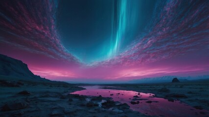 Wallpaper panoramic view of minimalist steppe over which the aurora stretches