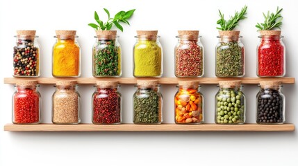 Colorful spice and seed jars neatly lined up on wooden shelves create an organized and vibrant display in a simple, minimalist style