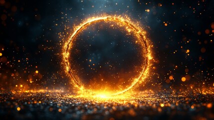 Fototapeta premium Golden ring of fire exploding on black glitter background