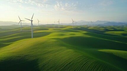 windmills in a green field, aerial view. copy space. green ecology landscape background