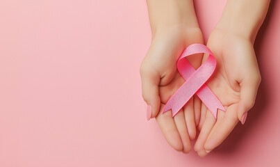 Hands gently holding pink ribbon on pink background, breast cancer awareness support or women's health advocacy concept, compassionate gesture symbolizing hope and solidarity