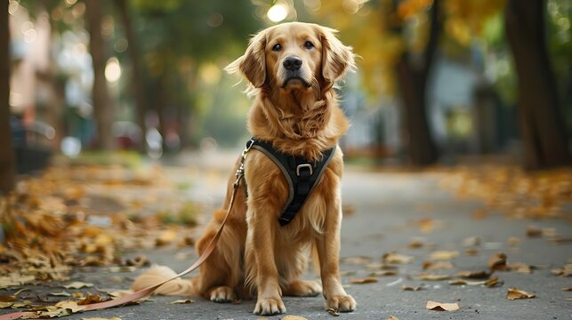 Dog wearing a harness and leash, ready for a walk, emphasizing responsible pet ownership.