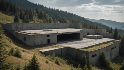 Image a secret military base between forests and mountains