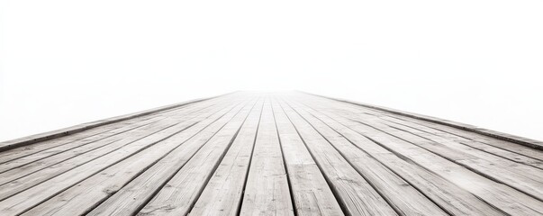 Wooden pier vanishing in the fog on white background