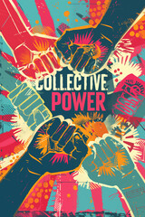 Collective power poster with diverse fists raised in colorful artistic background