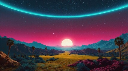 Fototapeta premium Wallpaper in pop style, the desert combines with the mountains and the sun over them