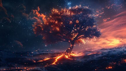 Fototapeta premium A fiery tree ablaze under a starry night sky.