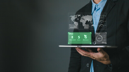person use software to save energy,and reduce global warming,ecology friendly investment,ESG environment social governance,nature green Business Innovation and Sustainable Development concept.