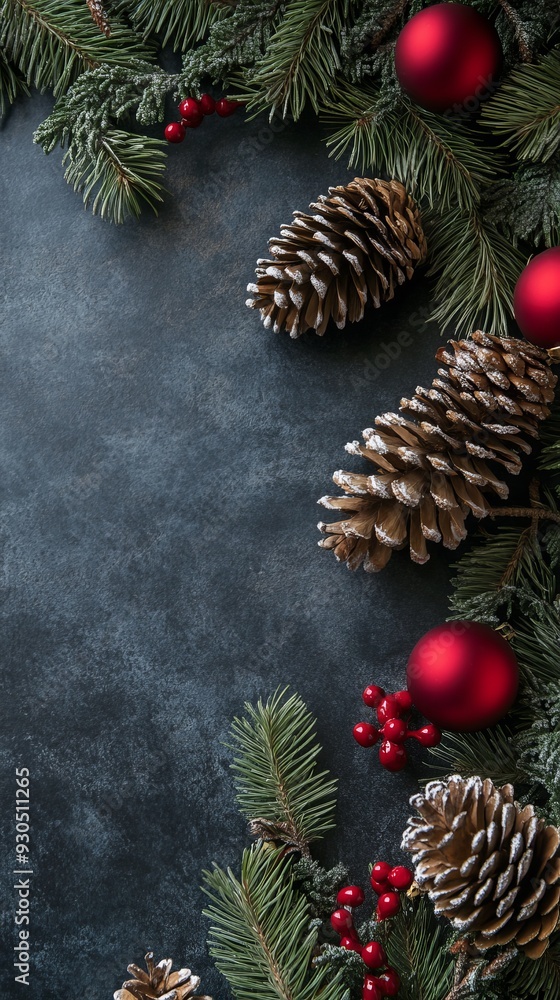 Poster christmas border composition on dark background with copy space