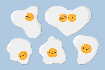 Cute fried egg characters set. Happy cartoon eggs in childish style. Healthy food icon. Vector illustration