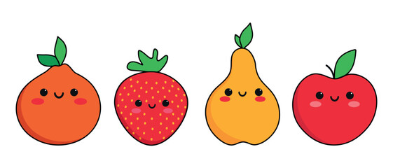 Cute cartoon smiling fruit characters set in childish style. Fruit icons orange, strawberry, pear and apple. Vector illustration