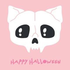 Fototapeta premium Happy Halloween greeting card with a Hand drawn cat skull isolated on pink background. Vector illustration
