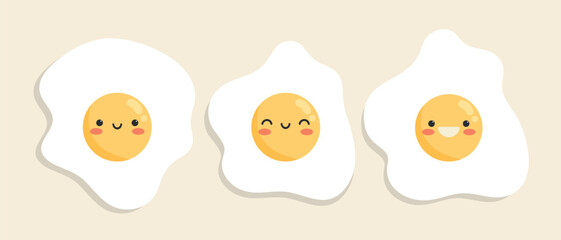 Cute fried egg characters set in flat style. Happy cartoon eggs. Healthy food icons. Vector illustration