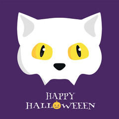 Happy Halloween greeting card with a Cat skull with yellow eyes isolated on purple background. Vector illustration
