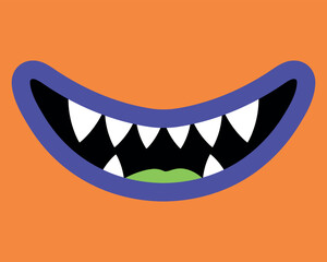 Cartoon smiling monster mouth with fangs. Close up of orange and purple monsters teeth. Smiling creature with sharp teeth. Vector illustration