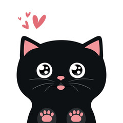 Happy black peeking cat with paw prints. Cute cartoon character. Vector illustration