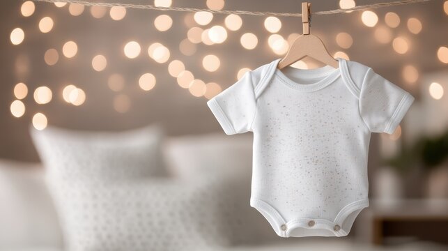A white baby onesie is hanging on a clothesline with wooden clothespin against a soft, bokeh background of lights, creating a cozy and warm atmosphere.