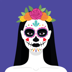 Woman with a bright makeup of sugar skull and floral wreath. Day of the Dead celebration. Dia de los Muertos. Vector illustration