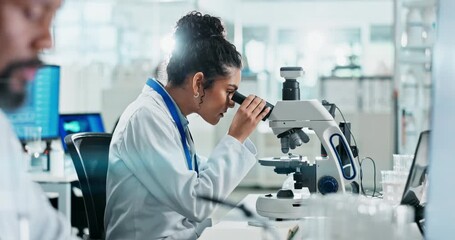 Woman, lab or microscope for science research or clinical investigation, innovation in healthcare. Female scientist, wellness study and digital technology, check on particles or medical test for drug - Powered by Adobe