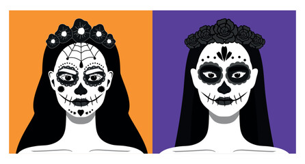 Women with a makeup of sugar skull. Females with sugar skull makeup set. Monochrome. Day of the Dead. Dia de los Muertos