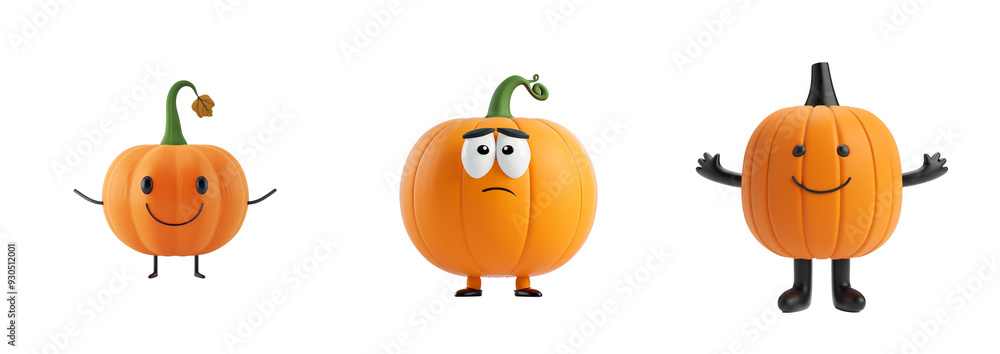 Poster set of three animated pumpkins with different facial expressions isolated on transparent background,