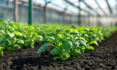 A modern greenhouse with automated climate control systems, showcasing innovations in farming technology, normal angle. Space for text.