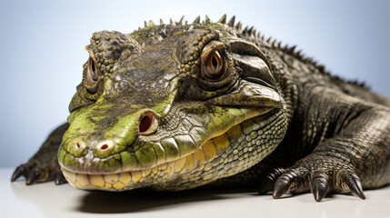 Fototapeta premium Close up of an alligator's head with detailed textured scales and focused eyes