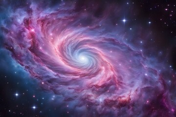 A vibrant galaxy with swirling clouds of pink purple and blue with a dense cluster of stars, AI Generated