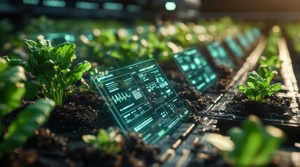 A futuristic farm with advanced analytics dashboards, showcasing innovations in agriculture technology, high angle. Space for text.