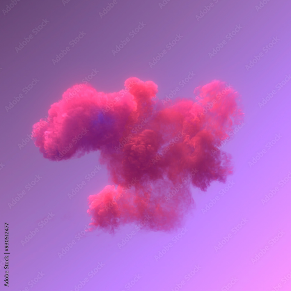 Poster digital illustration of abstract explosion with bright pink cloud of smoke on light purple backgroun