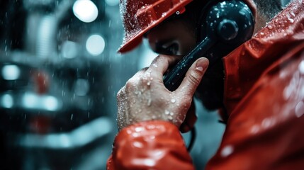 Fototapeta premium A worker dressed in red rain gear is using a phone while standing in a rainy environment, highlighting themes of communication, dedication, and the harshness of outdoor work.