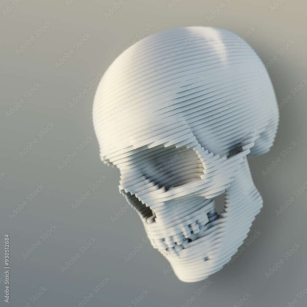 Poster Digital illustration of a layered skull made of layers of white material on a light gray background. 3d rendering