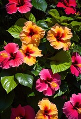 Obraz premium colorful hibiscus flowers surrounded lush green leaves creating tropical paradise scene, vibrant, botanical, bloom, garden, flora, plant, exotic, bright