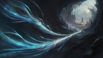 Dark spectre of a spirit constructed from abstract threads swirls through the dark landscape of apocalypse