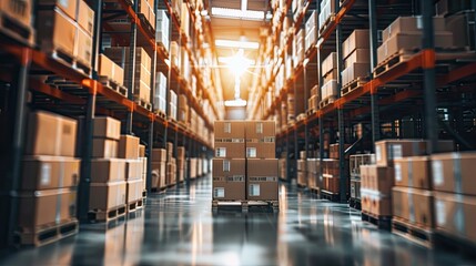A large warehouse with numerous items. Rows of shelves with boxes.  Logistics. Inventory control, order fulfillment or space optimization. Illustration for advertising, marketing or presentation.