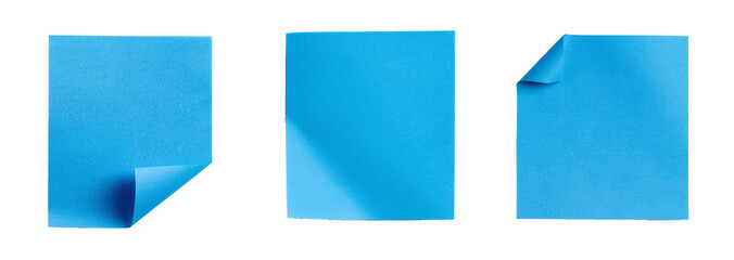 Collection of three blue sticky notes with curled corners isolated on a transparent background, ideal for organization and office concepts
