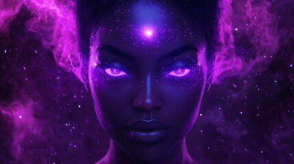 Ethereal Black Woman with Amethyst Purple Eyes Emitting Glowing Orbs in Cosmic Dust and Stars - 3D Render