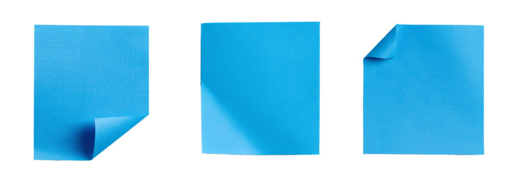 Collection of three blue sticky notes with curled corners isolated on a transparent background, ideal for organization and office concepts