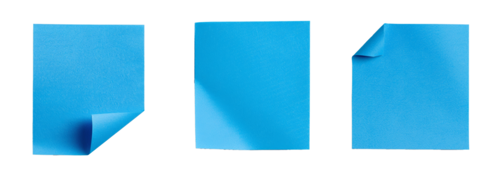 Collection of three blue sticky notes with curled corners isolated on a transparent background, ideal for organization and office concepts