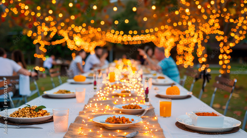 Wall mural outdoor autumn dinner party under twinkling lights with festive ambiance. thanksgiving celebration.