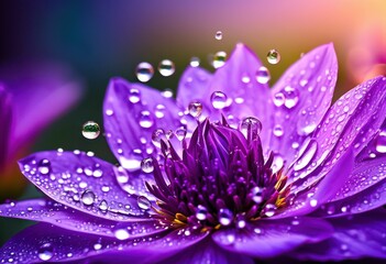 Obraz premium close vibrant purple flower dewy water beads glimmering petals, nature, vibrancy, botanical, flora, texture, macro, blossom, garden, organic, beauty, leaf