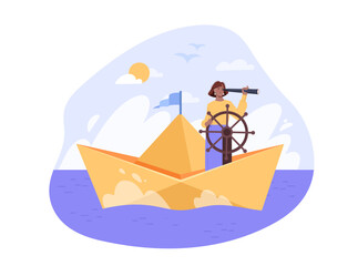 Vision of future concept. Woman with telescope on paper boat in sea or ocean. Businesswoman boat captain. Leadership and success. Business planning and goal setting. Flat vector illustration