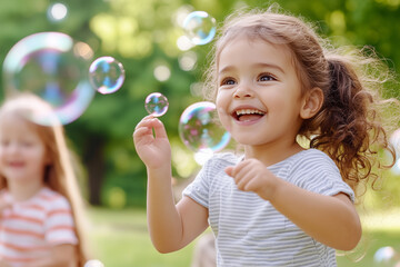 A group of children playing with bubbles in a park, their faces lit up with happiness