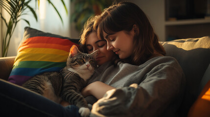 Lesbian Couple Cuddling with Cat on Sofa with Rainbow Pillow