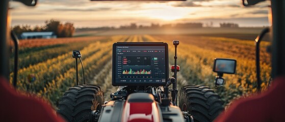 A digital dashboard on a modern tractor displaying real-time analytics for innovative agriculture solutions, medium shot. Space for text.