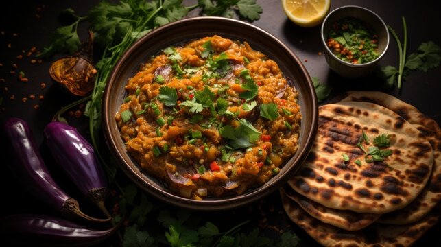 Baingan Bharta Smoked Eggplant Curry with Roti. Best For Banner, Flyer, and Poster
