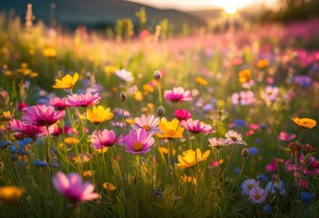 Obraz premium vibrant flower meadow bathed soft sunlight showcasing colorful array blossoms natural beauty, blooms, flowers, wildflowers, petals, garden, spring, flora